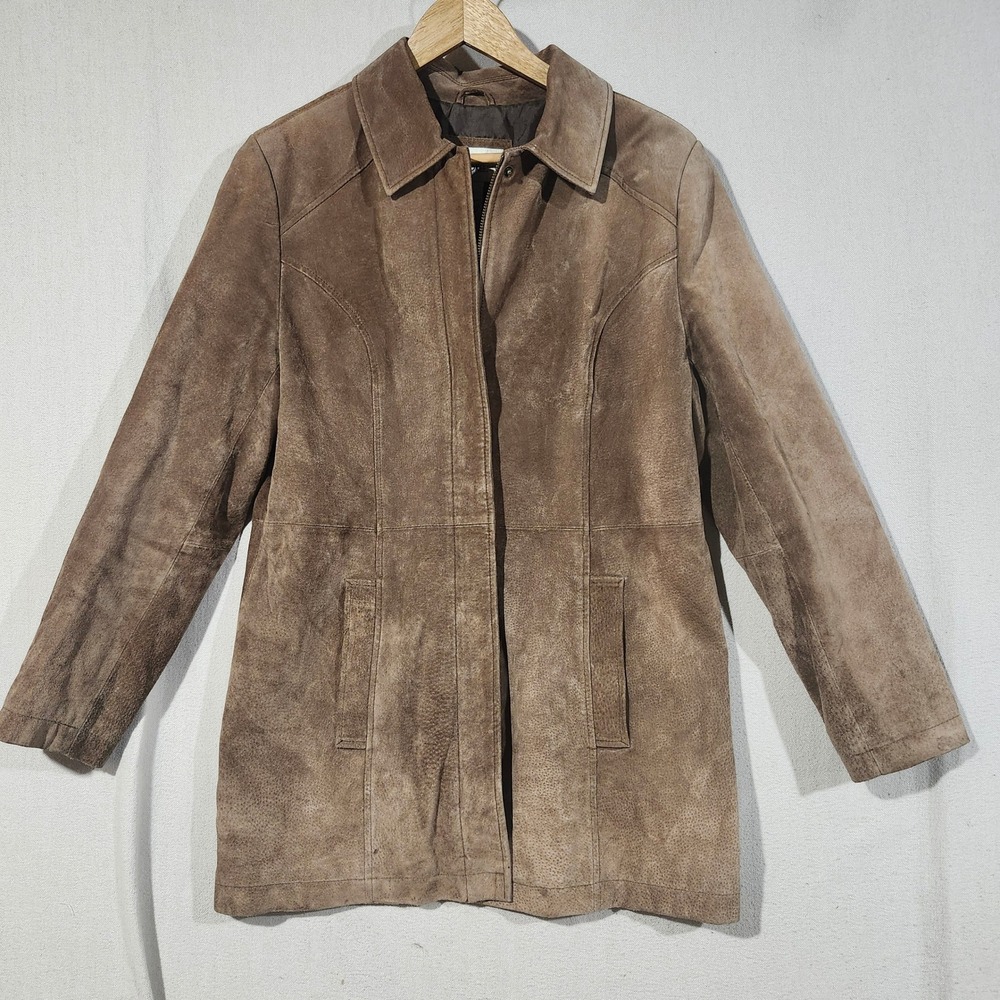 Cherokee Women Tan Brown Genuine Leather Suede Zip Up Collared Jacket Size M